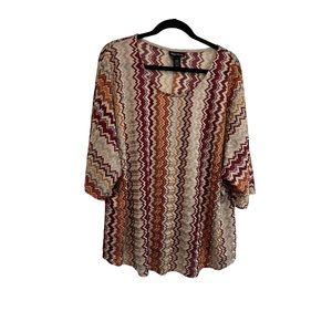 Maggie Barnes Chevron Striped Red Brown Short Sleeve Semi Sheer Top Womens 3X